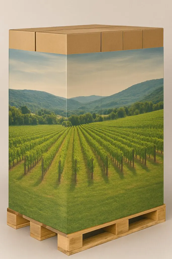 A painting of a vineyard with mountains in the background.