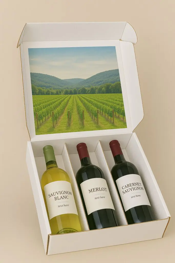 Three bottles of wine are in a box.