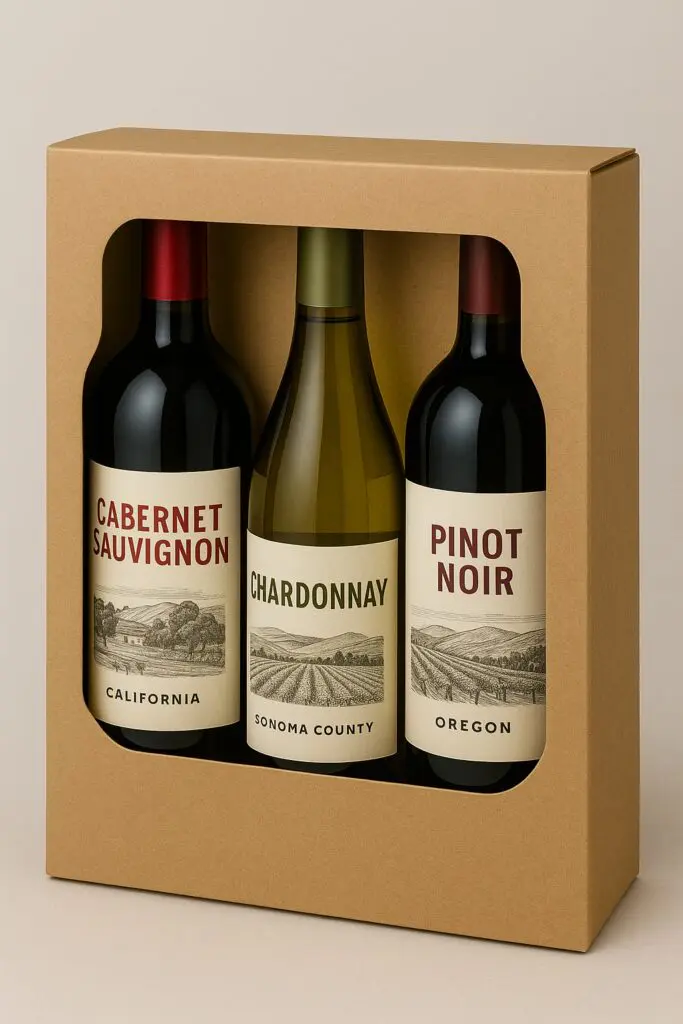 Three bottles of wine are in a box.