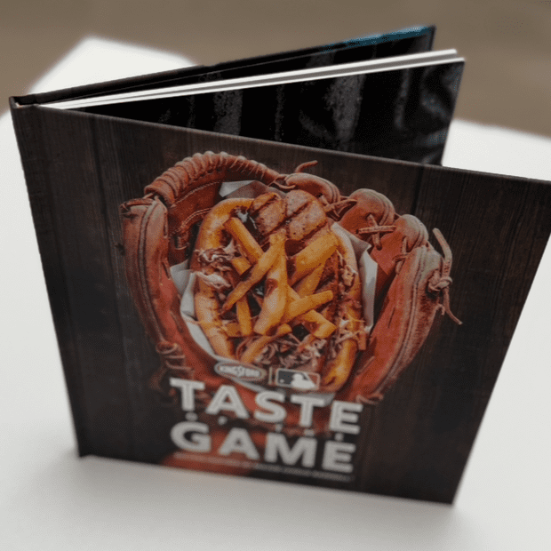 A book with a picture of food on it.