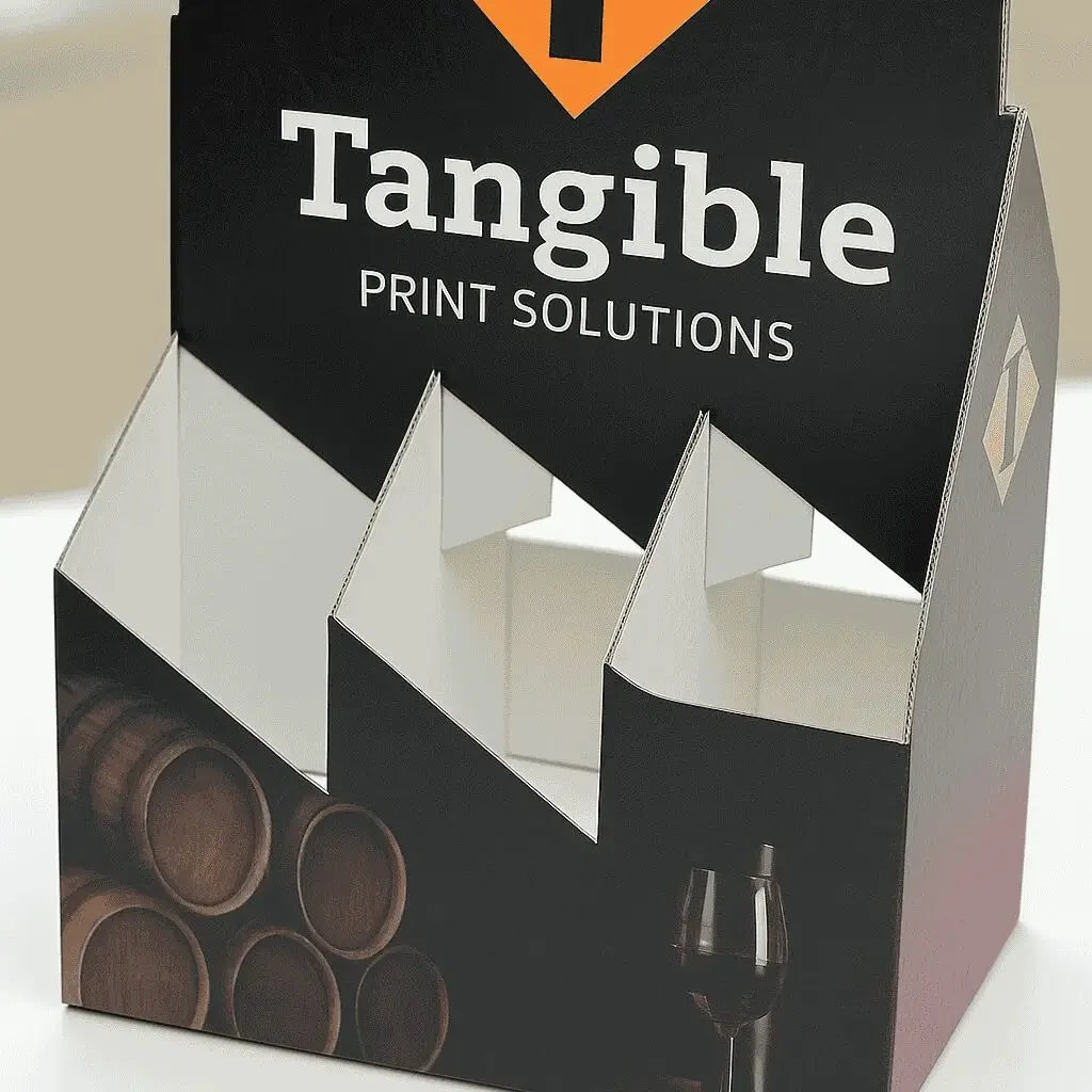A cardboard display with wine bottles and barrels.
