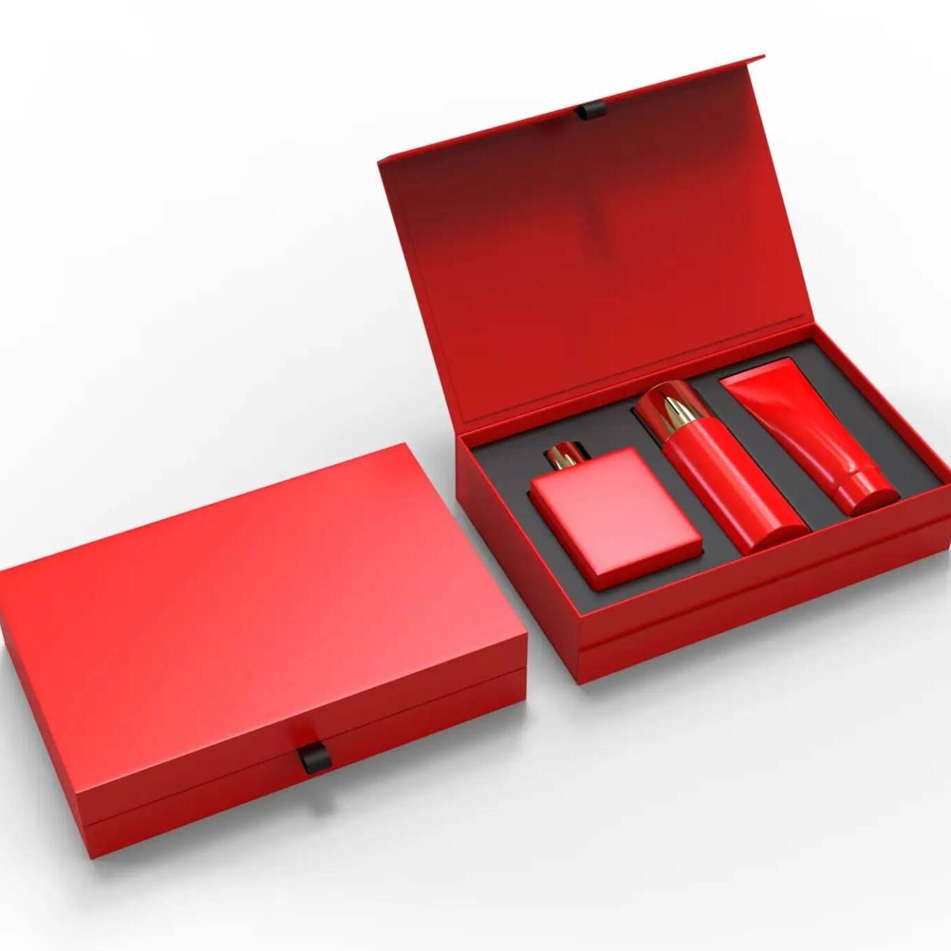 A red box with two different types of cosmetics in it.